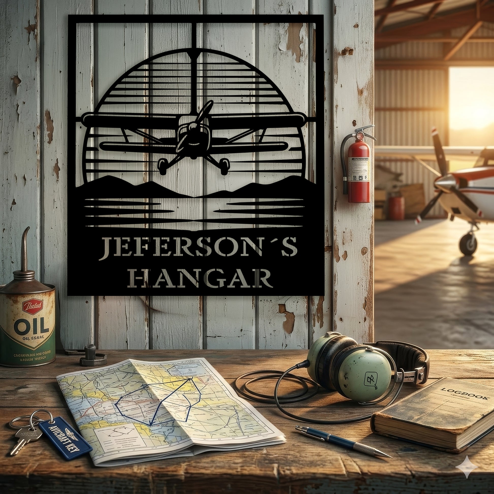 Custom biplane hangar sign mounted on wall in private aircraft hangar interior