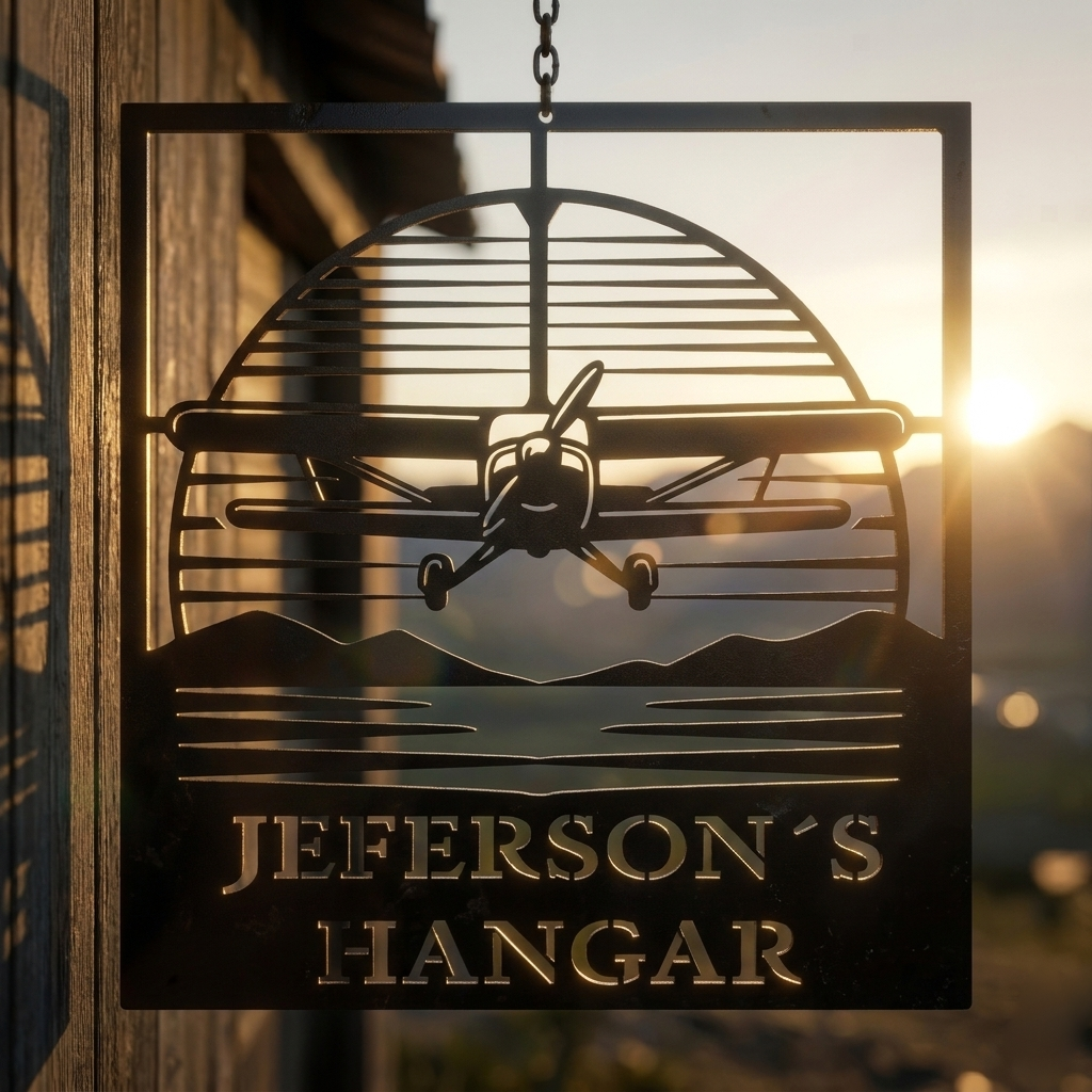 Personalized pilot hangar sign with biplane silhouette displayed in aircraft hangar at sunset