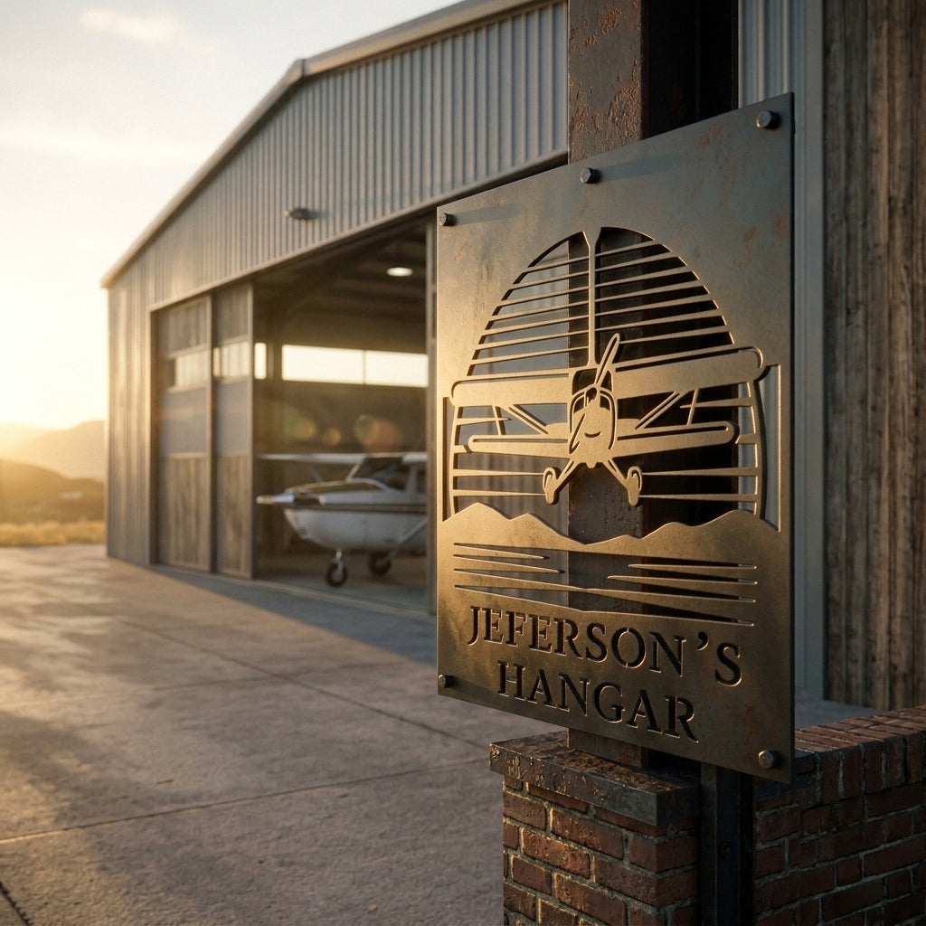 Personalized aviation hangar sign mounted on rustic wood exterior wall

