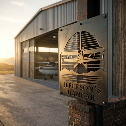 Personalized aviation hangar sign mounted on rustic wood exterior wall

