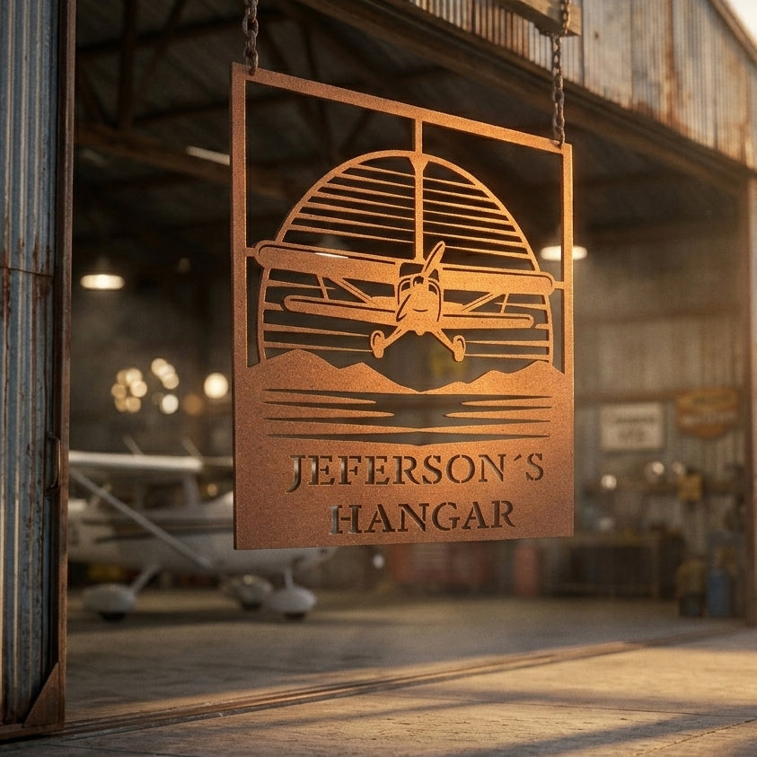 Personalized laser-cut metal biplane hangar sign close-up with custom family name detail