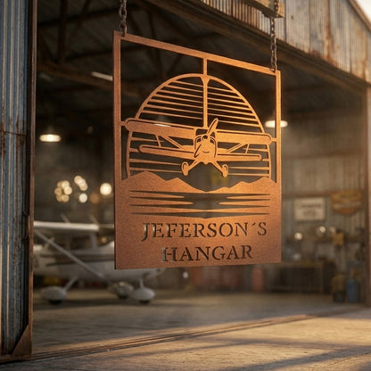 Personalized laser-cut metal biplane hangar sign close-up with custom family name detail